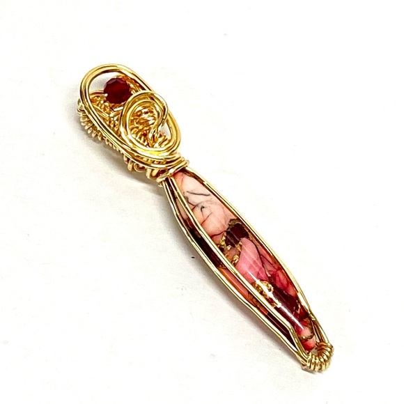 HANDMADE Modern Pendant Kingman Red Dahlia Rose Cabochon Hand Wrapped  Pendant - Picture 6 of 10